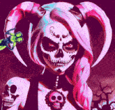 a woman with a skull face paint and horns has a necklace with a skull on it