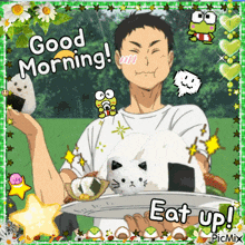 a picture of a man holding a plate of food that says " good morning "