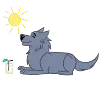 a cartoon drawing of a wolf laying down next to a glass of lemonade