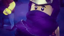 a close up of a lego figure with a purple light behind him