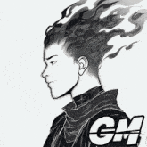 a black and white drawing of a man with flames coming out of his hair
