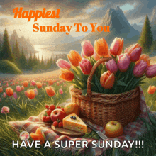 a painting of a picnic with flowers in a basket and the words " happiest sunday to you " above it
