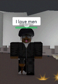 a cartoon character with a sign that says i love men on it
