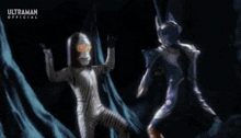 a couple of people are standing next to each other in the dark .