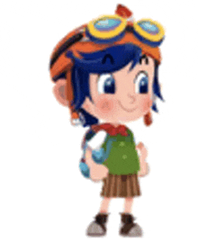 a cartoon character wearing a helmet and goggles is holding a backpack .