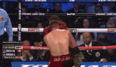 two boxers are in a boxing ring and one of them is wearing red gloves