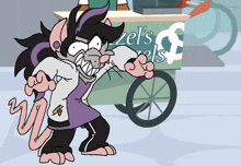 a cartoon character is standing next to a cart that says zel 's
