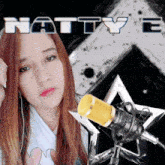 a woman stands in front of a microphone with the name natty written on the bottom