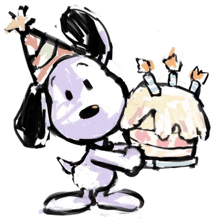 a drawing of snoopy wearing a party hat and holding a birthday cake