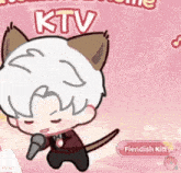 a cartoon character with cat ears is singing into a microphone in front of a pink background that says ktv