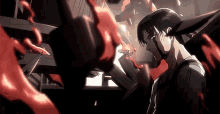 a man with blood coming out of his mouth is standing in a dark room