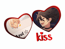 two red hearts with a picture of a boy and the word kiss below them
