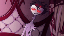a cartoon character with red eyes is sitting on a chair