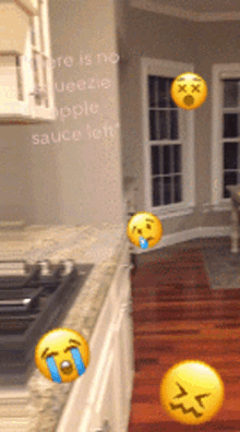 a picture of a kitchen with smiley faces and the words there is no squeeze apple sauce left on the wall