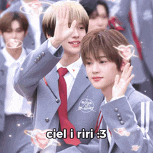 a picture of two boys in suits with the words ciel i riri 3 on the bottom