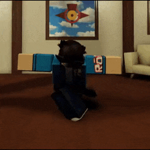 a person in a blue shirt with the number 22 on it is standing in a living room