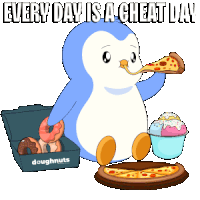 a penguin eating a slice of pizza next to doughnuts and ice cream