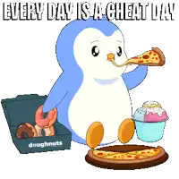 a penguin eating a slice of pizza next to doughnuts and ice cream