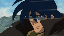 a cartoon character with blue hair and glasses