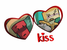 a couple of hearts with the word kiss in red