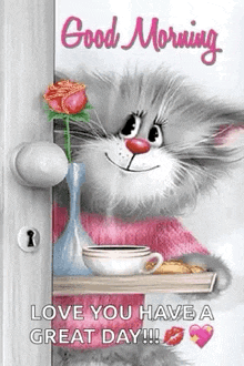 a cat is peeking out of a door with a cup of coffee and a rose .