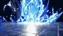 a computer generated image of a person standing in front of a blue explosion .