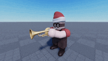 a cartoon character is playing a trumpet with a santa hat on