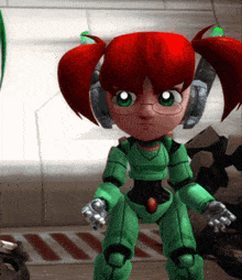 a cartoon character with red hair and green eyes is wearing glasses
