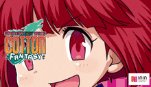 a poster for cotton fantasy shows a girl with red hair and pink eyes