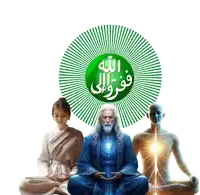 a man in a blue robe sits in a lotus position in front of a green circle with arabic writing on it