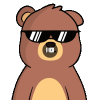 a cartoon teddy bear wearing sunglasses with a play button on its mouth