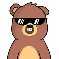 a cartoon teddy bear wearing sunglasses with a play button on its mouth