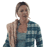 a woman in a plaid shirt is holding a towel around her neck