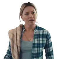 a woman in a plaid shirt is holding a towel around her neck