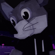 a cartoon cat wearing a black shirt with a purple background