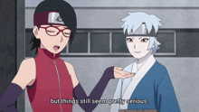 two anime characters are standing next to each other and one of them says but things still seem pretty serious