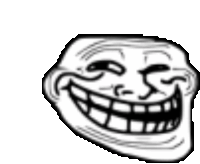 a black and white drawing of a troll face smiling