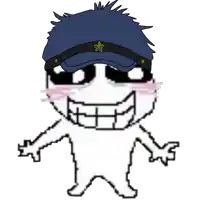 a pixel art drawing of a man wearing a blue hat with a star on it