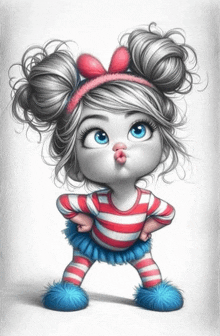 a cartoon girl is blowing a kiss and wearing a striped shirt and blue socks