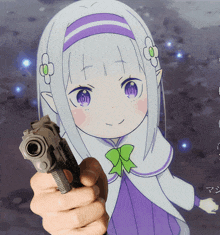 a person is holding a gun in front of a cartoon character