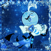 a picture of a cartoon character with a blue background and the words smile sparkle love