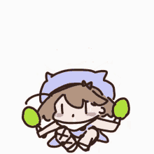 a cartoon drawing of a girl in a blue dress holding two green balls
