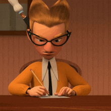 a cartoon character is sitting at a table with his mouth open