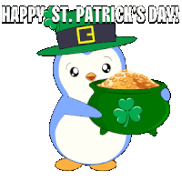 a penguin in a leprechaun hat holds a pot of gold