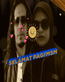 a man and a woman are standing next to each other with the words selamat pagi msm written in blue