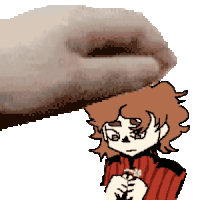 a pixel art of a person holding a flower with a hand behind them