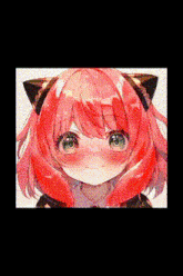 a close up of a anime girl with red hair and green eyes .
