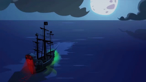 A ship on open waters sails towards a moonlit horizon during the night.