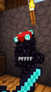 a minecraft character with a diamond sword and a red box on his head