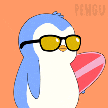 a penguin wearing sunglasses holds a surfboard